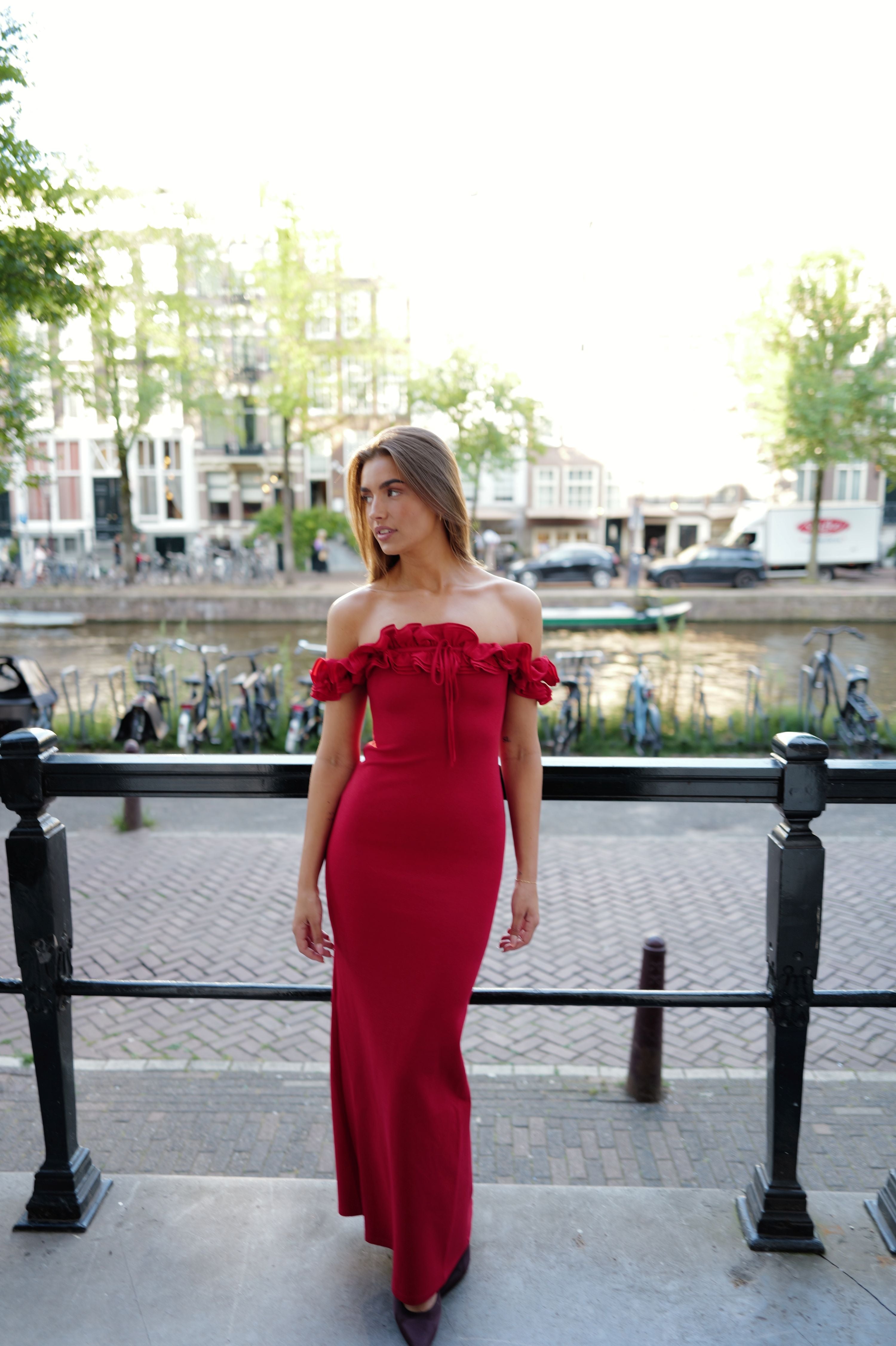 Nova Ruffle Off Shoulder Maxi Dress - Ruby