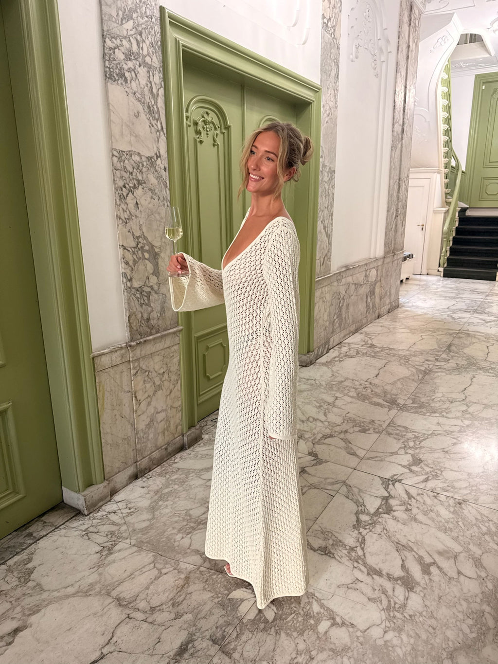 Kayleigh Crochet Fishtail Flare Sleeve Maxi Dress - White