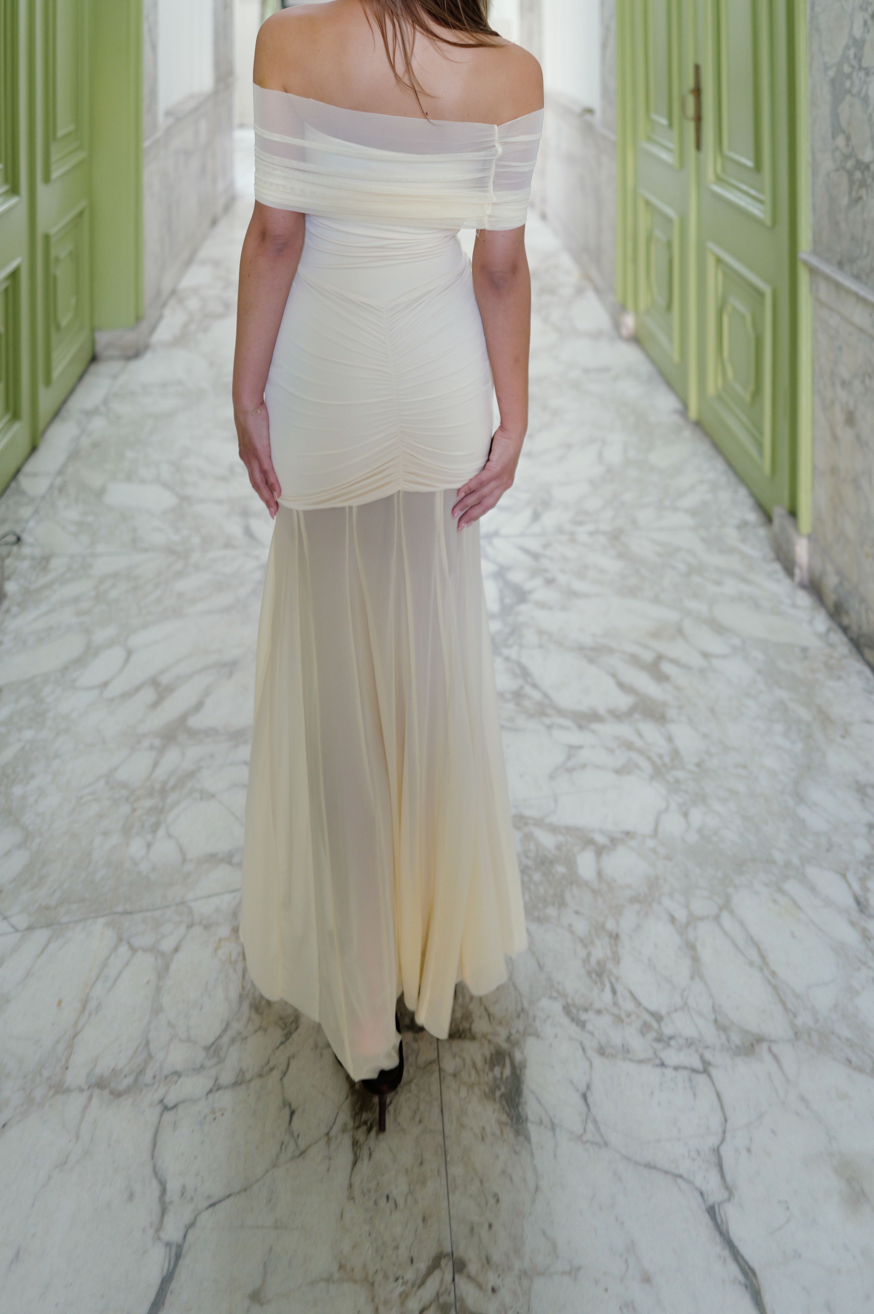 Caspian Slinky And Mesh Off Shoulder Dress - Ivory