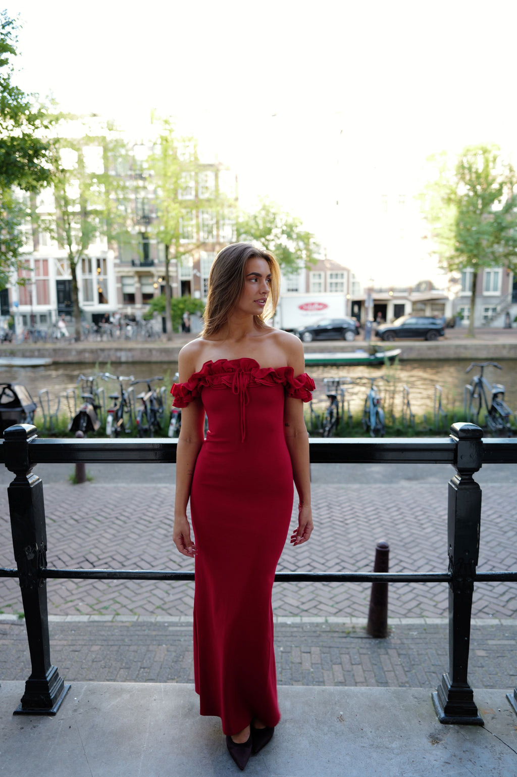 Nova Ruffle Off Shoulder Maxi Dress - Ruby