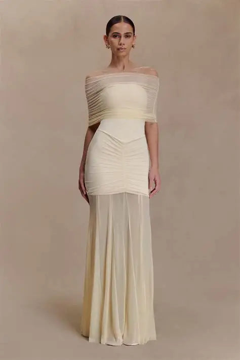 Caspian Slinky And Mesh Off Shoulder Maxi Dress - Meshki